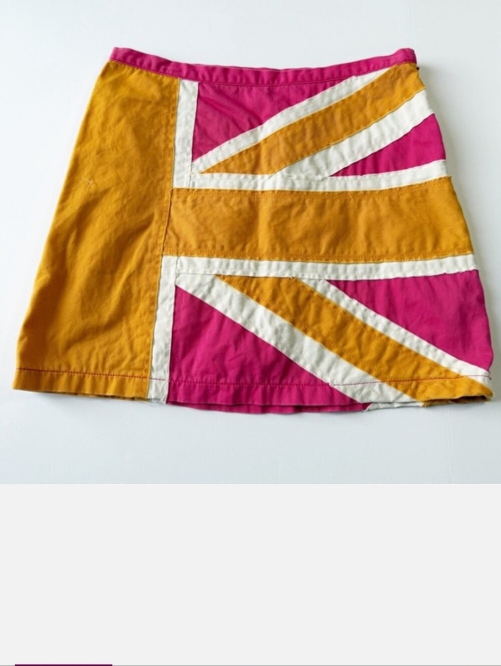 Boden Colorblock Union Jack  Mini Skirt in Pink and Mustard, frayed stitching.